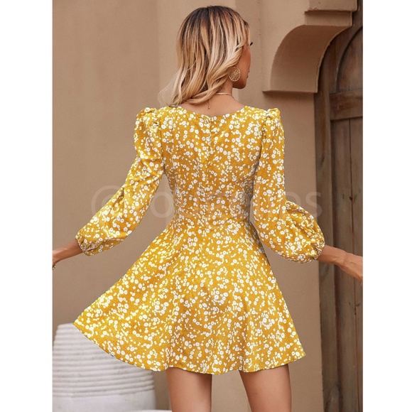 Yellow Ditsy Floral Print Mini Dress V-Neck Ties 3/4 Puff Sleeve Fit & Flare - Picture 5 of 11
